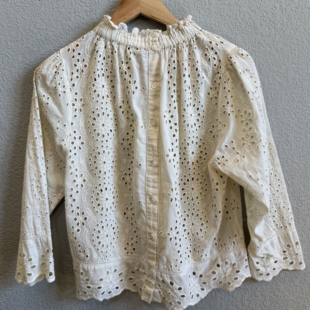 Jennifer & Grace Blouse • Cropped Embroidered Eyelet Long Sleeve Ivory • Medium - Picture 2 of 10